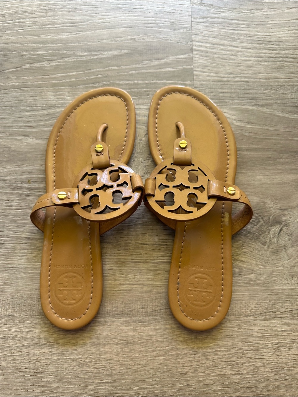 Tory Burch Cognac Leather Logo Thong Sandals
